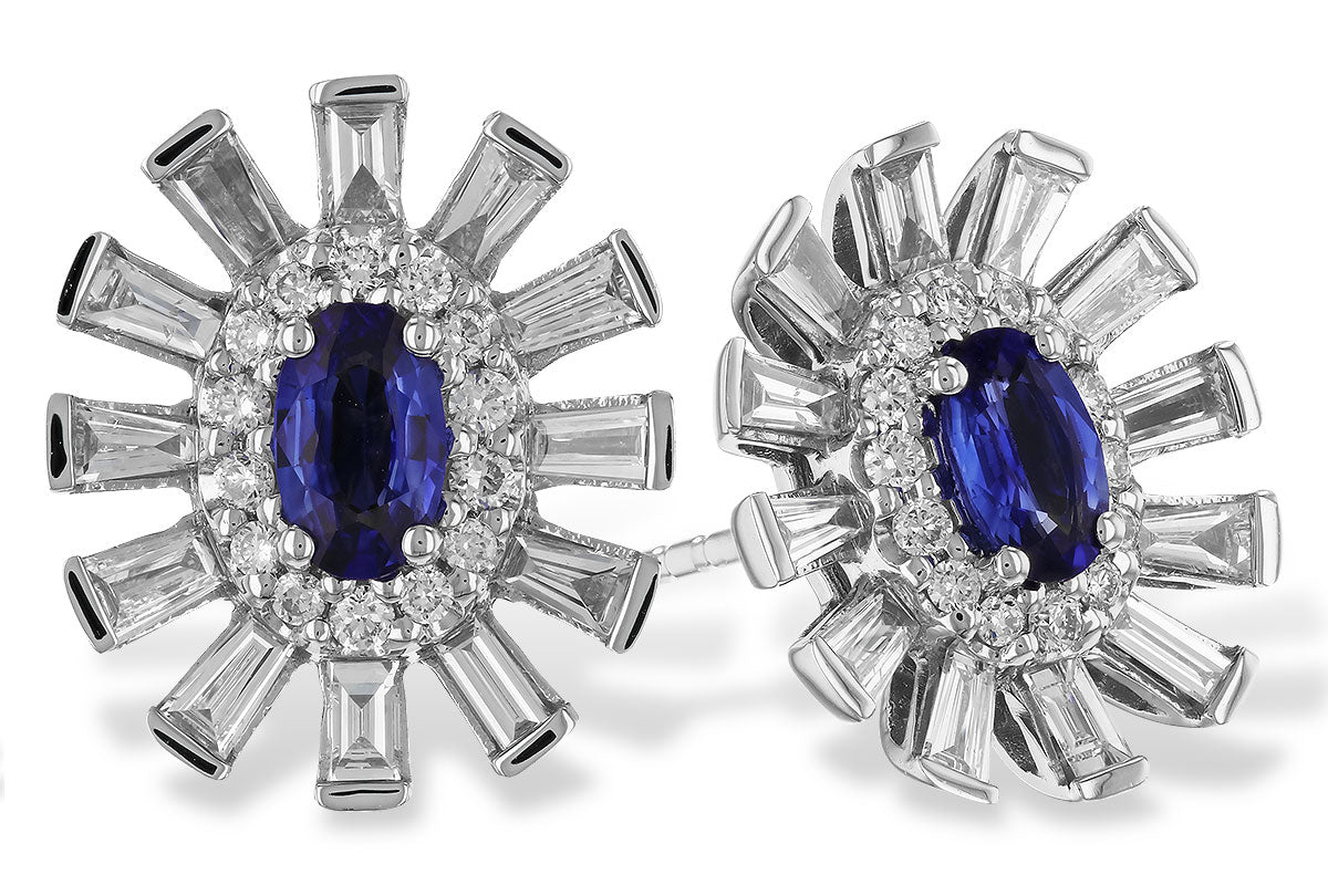 14 Karat White Gold Blue Sapphire & Diamond Starburst Style Earrings