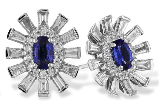 14 Karat White Gold Blue Sapphire & Diamond Starburst Style Earrings