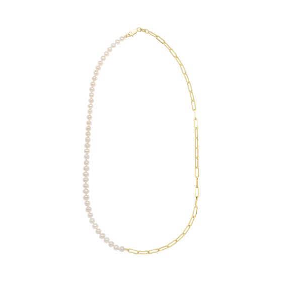 14 Karat Yellow Gold 4.5-5 Mm White Freshwater Pearl & Paperclip Link Chain Necklace, 18"