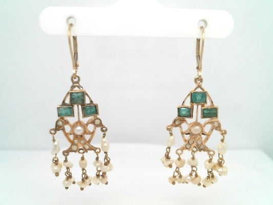 Vintage 14 Karat Yellow Gold Emerald & Pearl Chandelier Earrings With Leverbacks