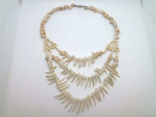 Sterling Silver Shell, Bone, White Coral, & Freshwater Pearl 3-Strand Necklace 18.5"-24"