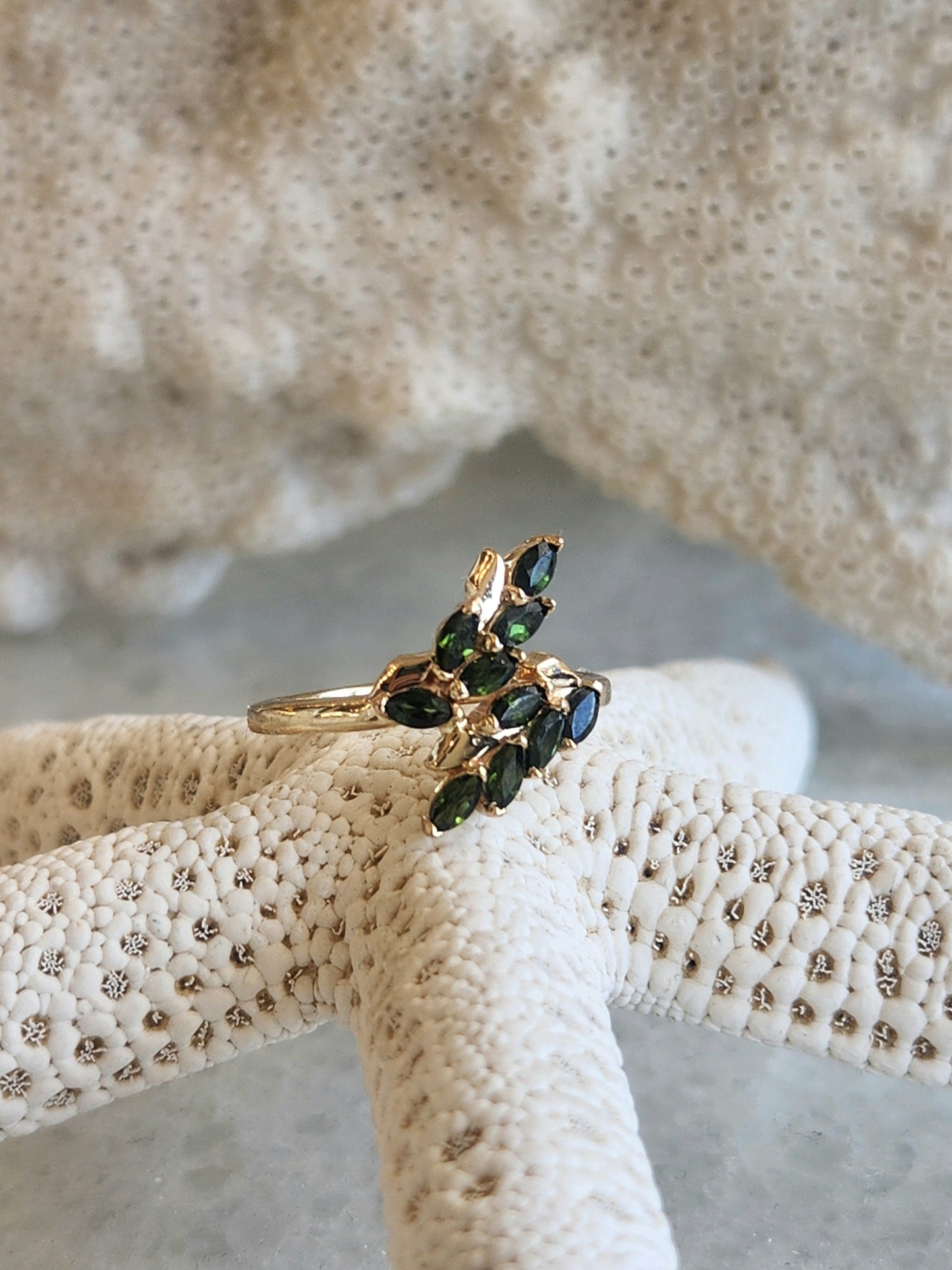 14 Karat Yellow Gold "Vinea" Floral Bypass Style Green Tourmaline Ring