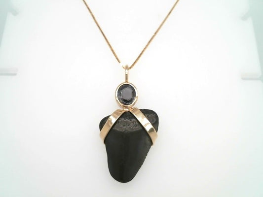 14 Karat Yellow Gold Small Florida Megalodon Shark's Tooth & Grey Spinel Amulet Pendant