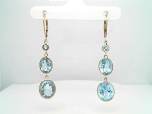 14 Karat Yellow Gold Triple Tier Sky Blue Topaz Dangle Earrings With Leverbacks