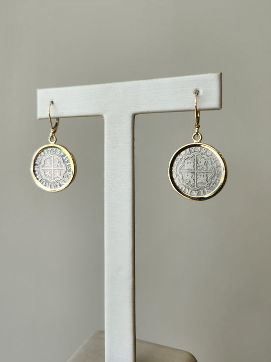 14 Karat Yellow Gold & Silver 1 Reale Spanish Coin Bezel Earrings With Leverbacks