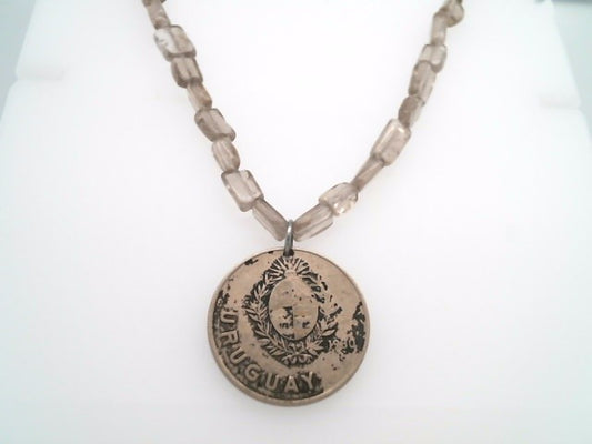Handmade Sterling Silver Smokey Quartz Bead Necklace With Uruguay Coin Dated 1980, 18"
