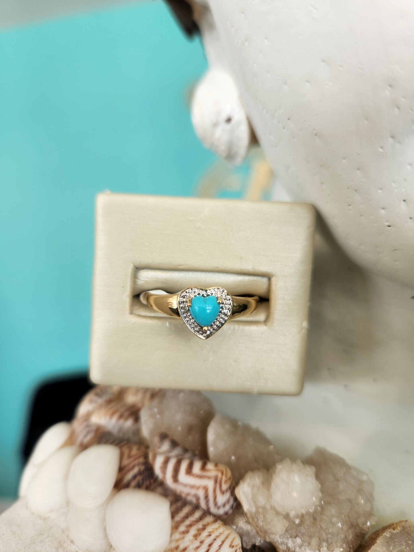 Vintage 14 Karat Yellow Gold Heart Shaped Turquoise Ring With Diamond Accents