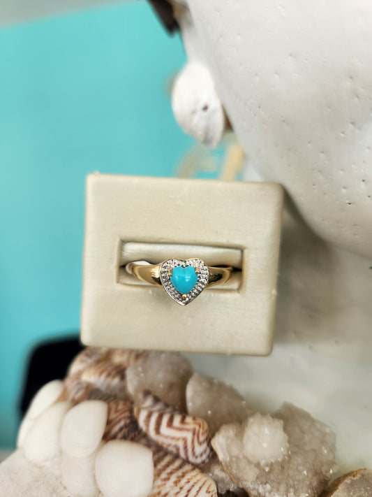 Vintage 14 Karat Yellow Gold Heart Shaped Turquoise Ring With Diamond Accents