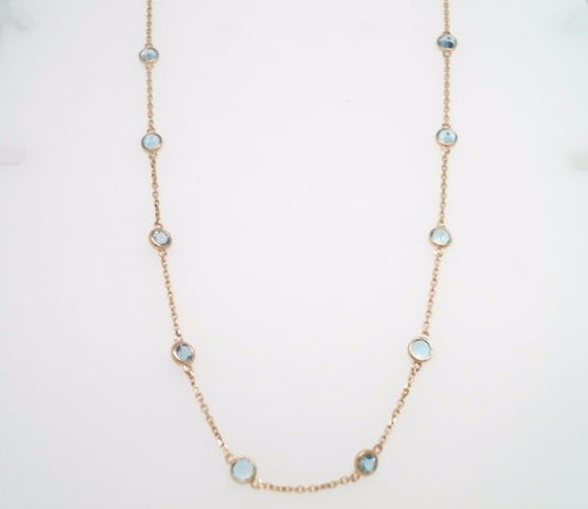 14 Karat Yellow Gold Bezel Set Blue Topaz "By The Yard" Style Necklace 18" With A Loop At 16" And 17" For Adjustable Length