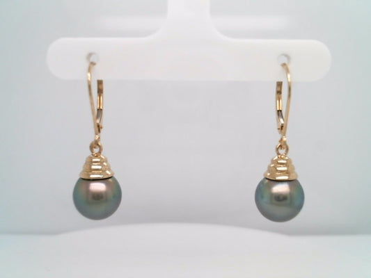 14 Karat Yellow Gold 9.5 Mm Grey Tahitian Pearl Earrings With Ribbed Pearl Cap On Leverbacks