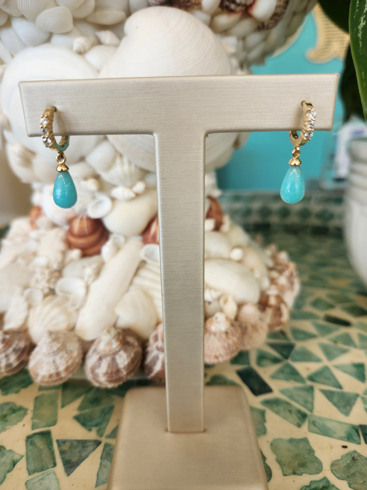 14 Karat Yellow Gold Amazonite Drop Earrings With Diamonds