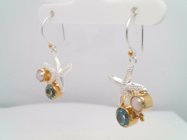 Sterling Silver And 22 Karat Gold Vermeil Starfish Earrings With 2 Sky Blue Topaz And 2 White Freshwater Pearls