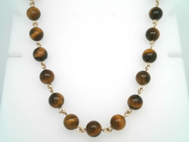 14 Karat Yellow Gold 8 Mm Tiger's Eye Bead Link Chain Necklace With Opening Circle Bail Clasp, 18"