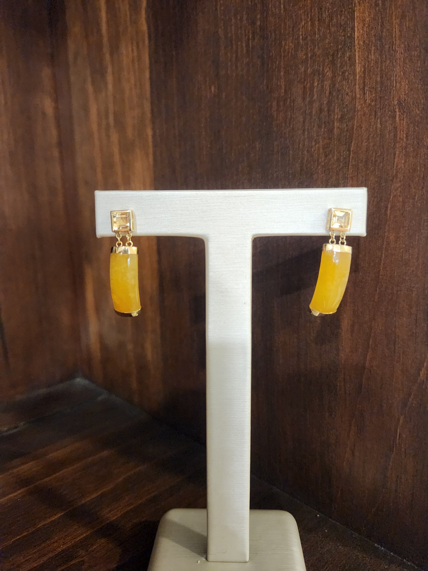 Vintage 14 Karat Yellow Gold Citrine & Yellow Jade Dangle Earrings