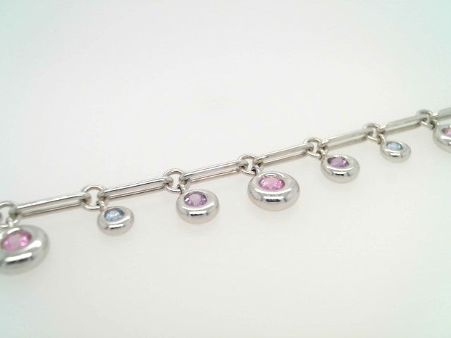 Vintage 18 Karat White Gold Chaumet Round Dangle Bracelet With Pink, Purple & Blue Sapphires, 7.25"