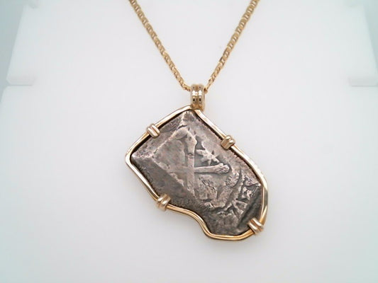 Silver 1715 Fleet Phillip V 4 Reales Coin Set In Prong Set In 14 Karat Yellow Gold Bezel Pendantt