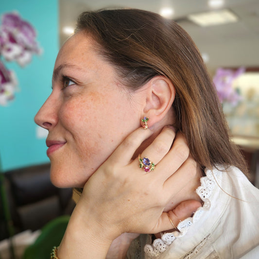 14 Karat Yellow Gold Pink Tourmaline, Tanzanite & Tsavorite Earrings With Floral Motif