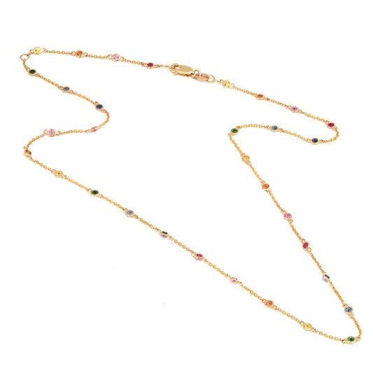 14 Karat Yellow Gold Bezel Set Multi Gem "By The Yard" Style Necklace 16-18"