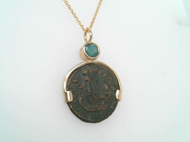 14 Karat Yellow Gold Ancient Roman Bronze Coin Pendant With Emerald