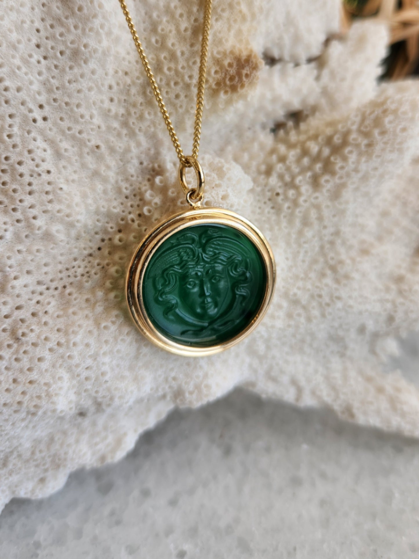 14 Karat Yellow Gold Round Carved Green Onyx Medusa Intaglio Pendant