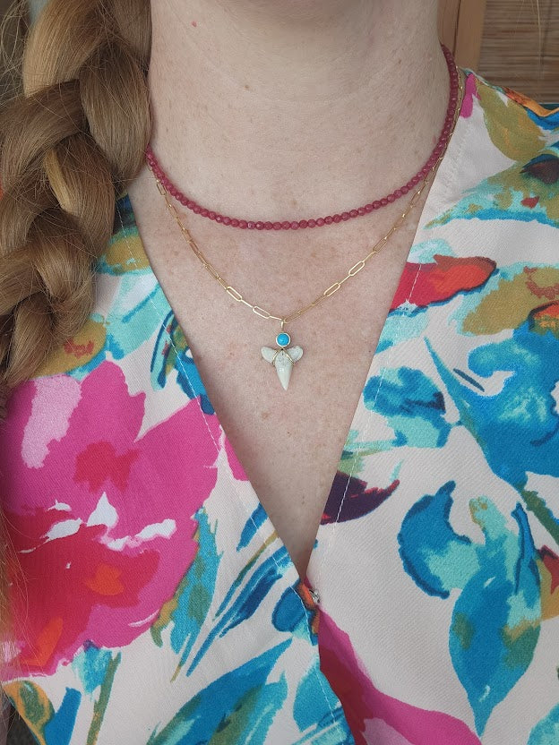 14 Karat Yellow Gold White Florida Shark's Tooth & Turquoise Pendant