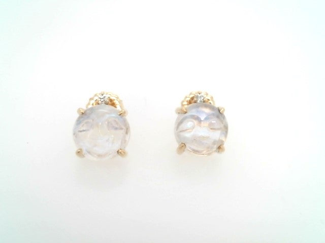 14 Karat Yellow Gold Carved Moonstone Earrings With Diamond Accents