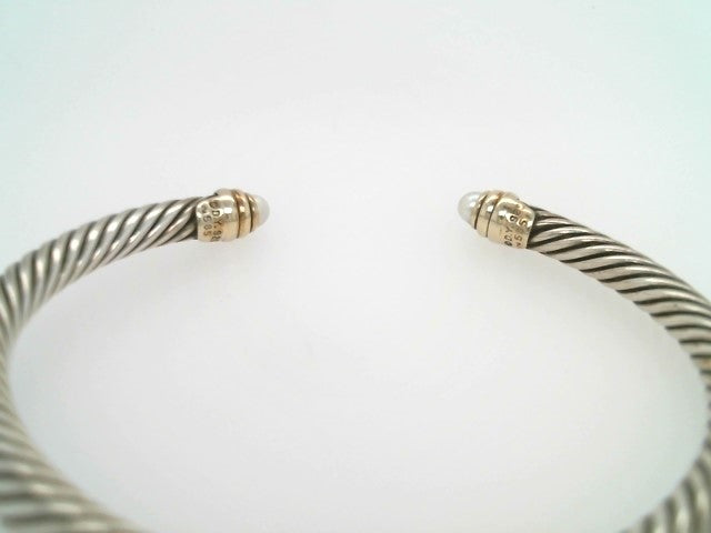 Vintage Sterling Silver & 14 Karat Yellow Gold Pearl "Cable" Cuff Bracelet, Signed David Yurman