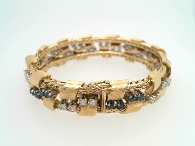 Vintage 18 Karat Yellow Gold French Woven Style Bracelet Bracelet With Blue Sapphires & Diamonds