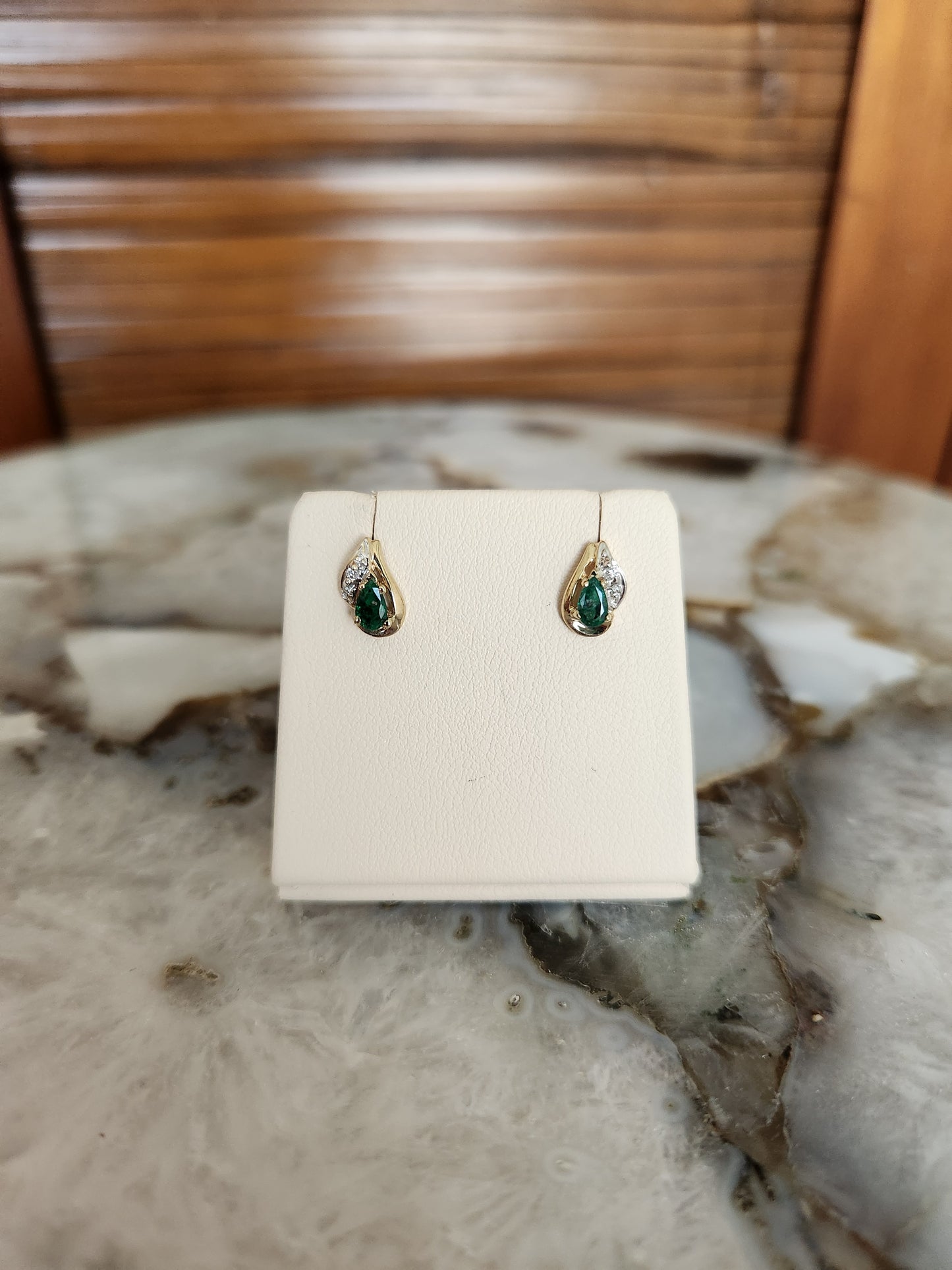 Vintage 10 Karat Yellow Gold Pear Shaped Emerald Earrings With Diamond Accents
