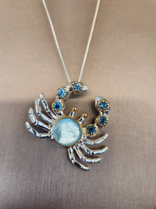 Sterling Silver And 22 Karat Gold Vermeil Crab Pendant with Mother of Pearl, Amazonite, and Blue Topaz