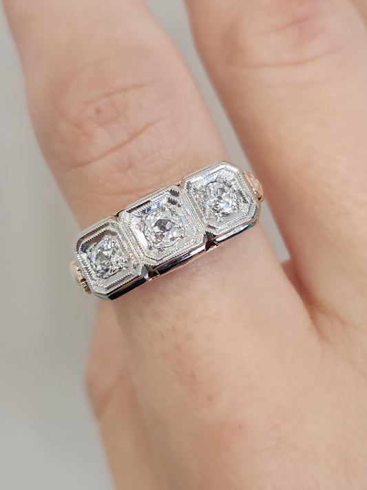 Vintage 14 Karat Yellow & White Gold 3 Stone Old European Cut Diamond Ring With Filigree