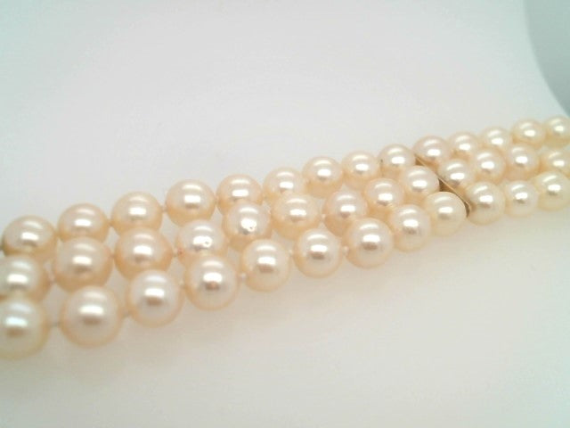 14 Karat Yellow Gold Triple Strand Akoya Cultured Pearl Bracelet, 7"
