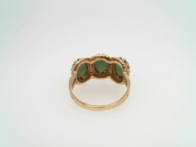 Vintage 14 Karat Yellow Gold 3 Stone Green Jade Ring With Crown Style Bezel Settings