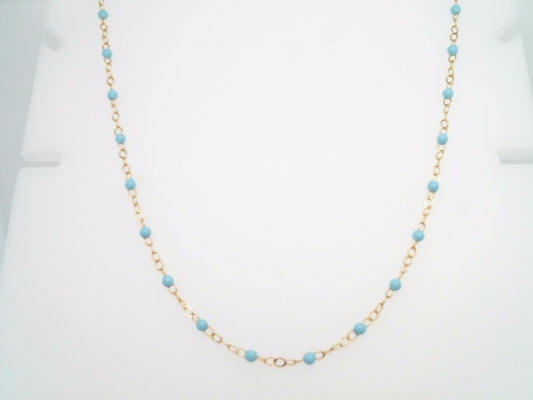 14 Karat Yellow Gold 19-20" 2mm Enamel Bead Necklace Turquoise Color