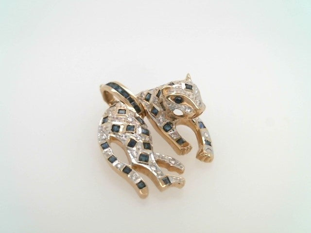 Vintage 14 Karat Yellow Gold Blue & White Sapphire Leopard Pendant With Opening Pearl Enhancer Bail