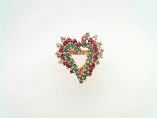 Vintage 14 Karat Yellow Gold Diamond, Ruby & Emerald Open Heart Ring