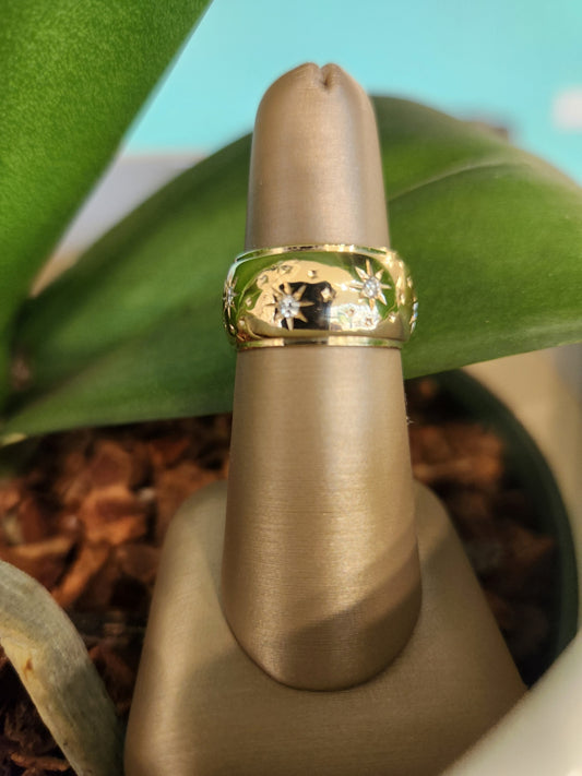 Vintage 14 Karat Yellow Gold 10 Mm Suns & Stars Motif Diamond Band Ring
