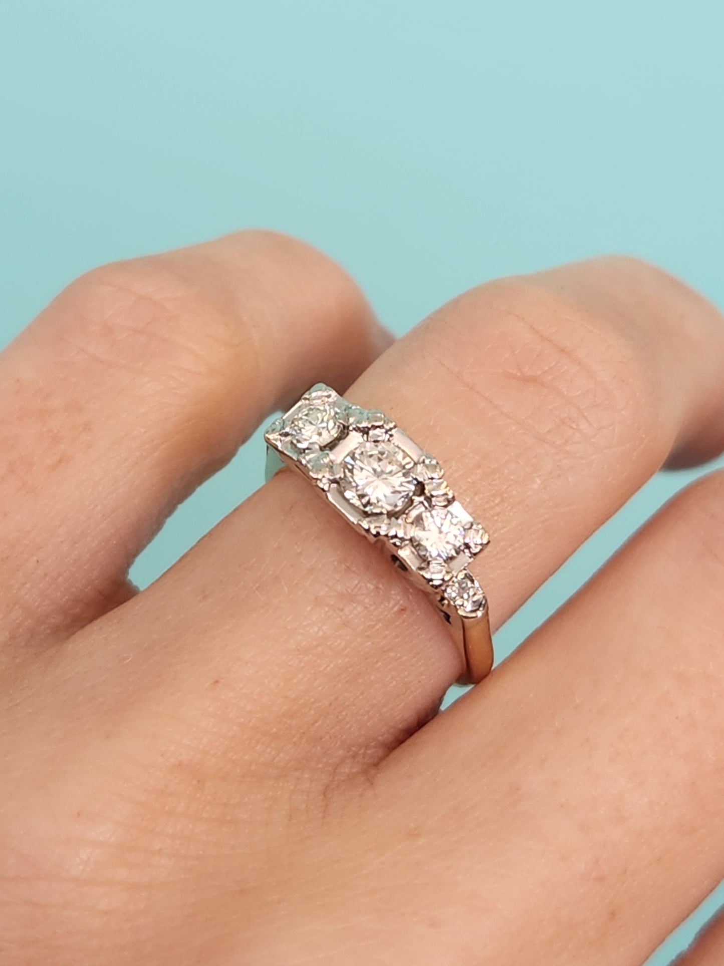 Vintage 14 Karat Yellow & White Gold Illusion Top 5 Stone Diamond Ring