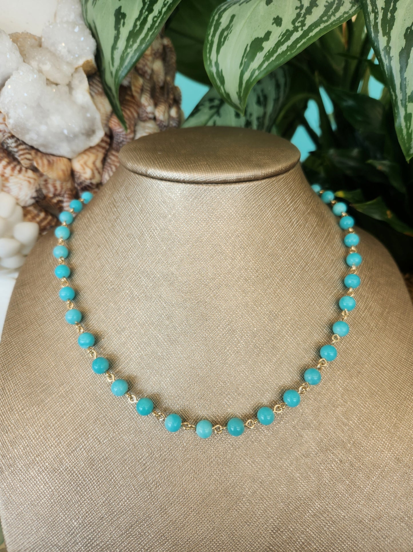 14 Karat Yellow Gold 6 Mm Amazonite Bead Link Chain Necklace With Opening Circle Bail Clasp, 18"