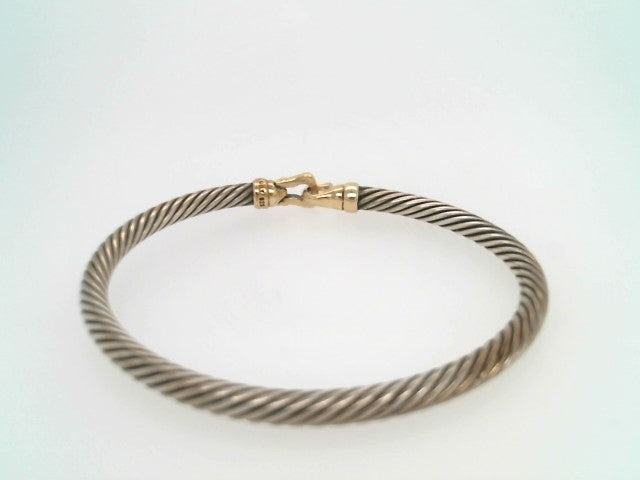Vintage Sterling Silver & 14 Karat Yellow Gold "Cable" Hook Clasp Bangle Bracelet, Signed David Yurman