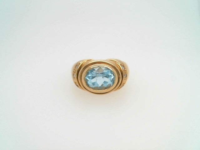 Vintage 18 Karat Yellow Gold Bezel Set Aquamrine Ring With Diamond Accents