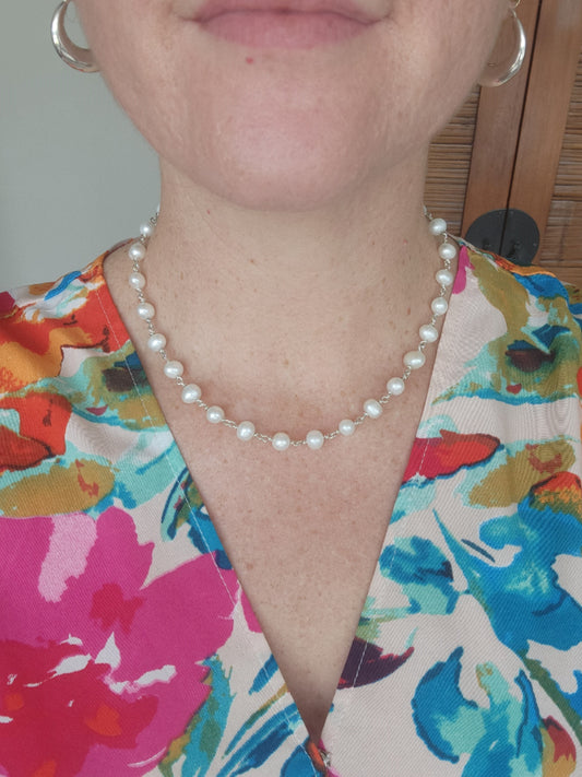 Sterling Silver 8 Mm White Freshwater Pearl Link Chain Necklace With Opening Circle Bail Clasp, 18"