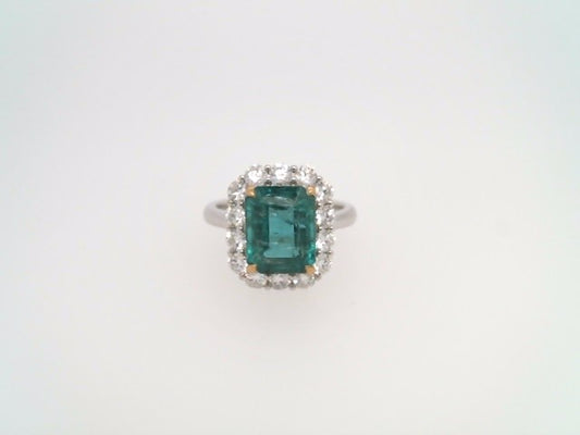 18 Karat White Gold Emerald Cut Emerald & Diamond Halo Style Ring