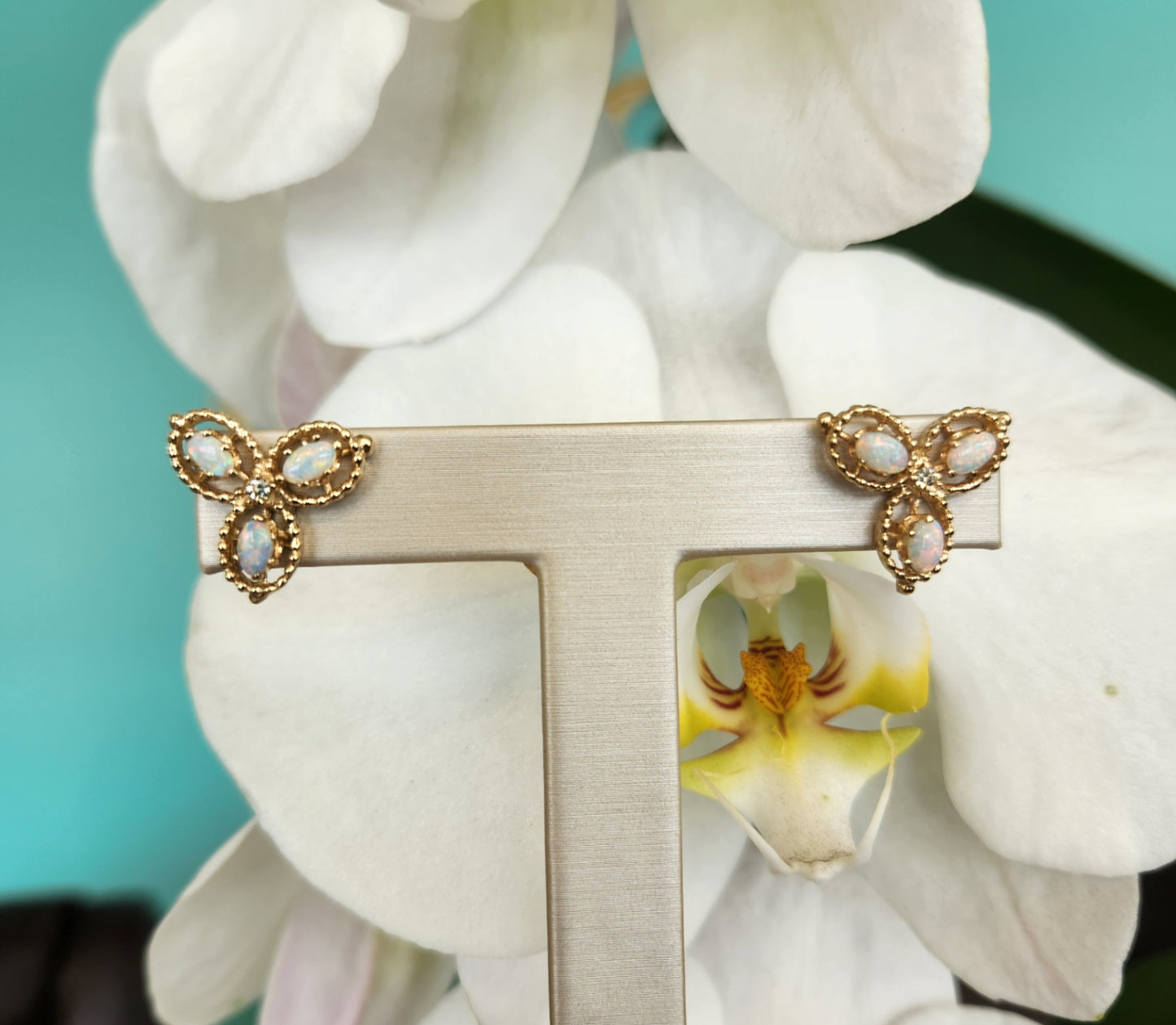 Vintage 14 Karat Yellow Gold Triple Leaf Design Opal & Diamond Earrings