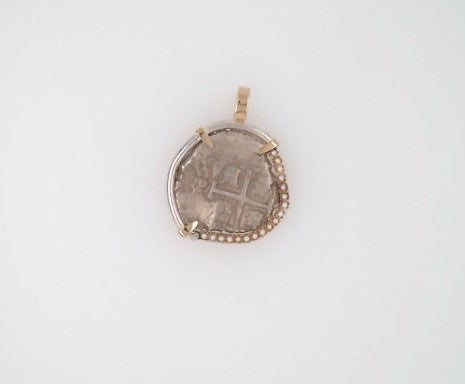14 Karat Yellow Gold & Sterling Silver 2 Reales Spanish Coin Pendant With Seed Pearls