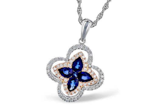 14 Karat White & Rose Gold Blue Sapphire & Diamond Clover Motif Neckla