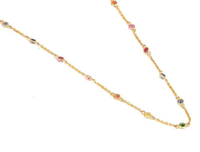14 Karat Yellow Gold Bezel Set Multi Gem "By The Yard" Style Necklace 16-18"