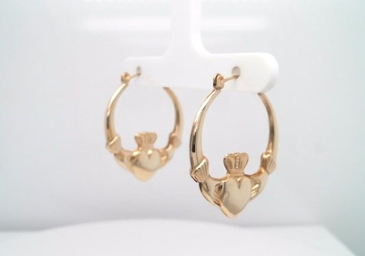 Vintage 14 Karat Yellow Gold Claddagh Design Hoop Earrings