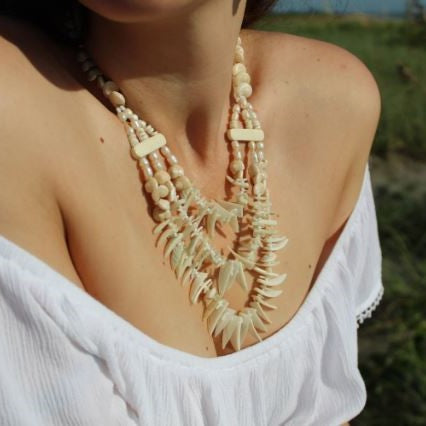 Sterling Silver Shell, Bone, White Coral, & Freshwater Pearl 3-Strand Necklace 18.5"-24"