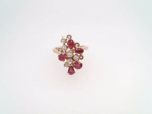 Vintage 14 Karat Yellow Gold Ruby & Diamond Freeform Cluster Ring